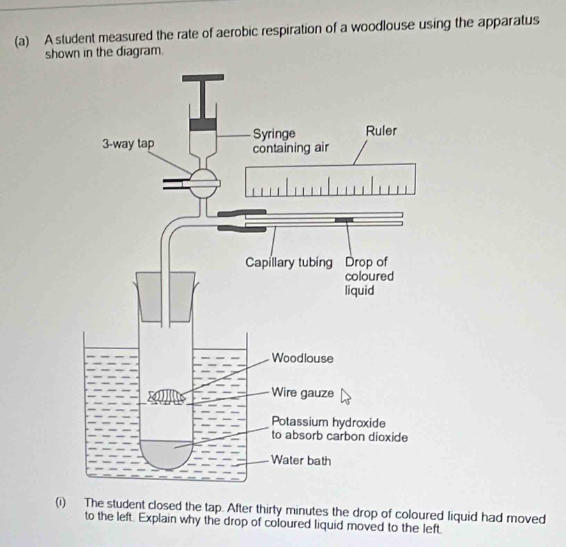 A student measured the rate of aerobic respiration of a woodlouse using the apparatus 
shown in the diagram. 
(i) The student closed the tap. After thirty minutes the drop of coloured liquid had moved 
to the left. Explain why the drop of coloured liquid moved to the left.