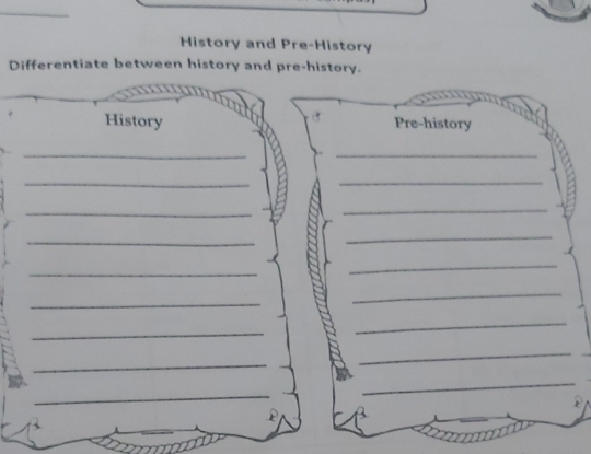 History and Pre-History 
Differentiate between history and pre-history. 
C 
History Pre-history 
__ 
_ 
_ 
_ 
_ 
_ 
_ 
_ 
_ 
_ 
_ 
_ 
_ 
_ 
_ 
_ 
_