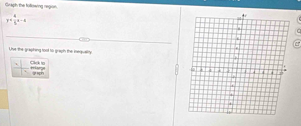 Graph the following region.
y
a 
B 
Use the graphing tool to graph the inequality. 
Click to 
enlarge 
graph