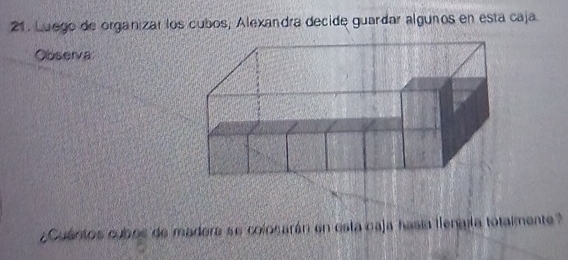 Luego de organizar los cubos, Alexandra decide guardar alguños en esta caja 
Observa 
Cuantos cubos de madera se colosarán en esta caja hasia llengila totalmente