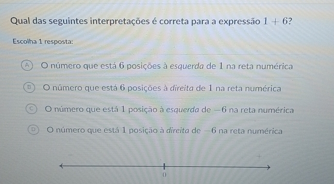 Qual das seguintes interpretações é correta para a expressão 1+6
Escolha 1 resposta:
。 número que está 6 posições à esquerda de 1 na reta numérica
número que está 6 posições à direita de 1 na reta numérica
O número que está 1 posição à esquerda de —6 na reta numérica
O número que está 1 posição à direita de —6 na reta numérica