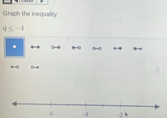 Graph the inequality.
q≤ -4
o
-4 -2