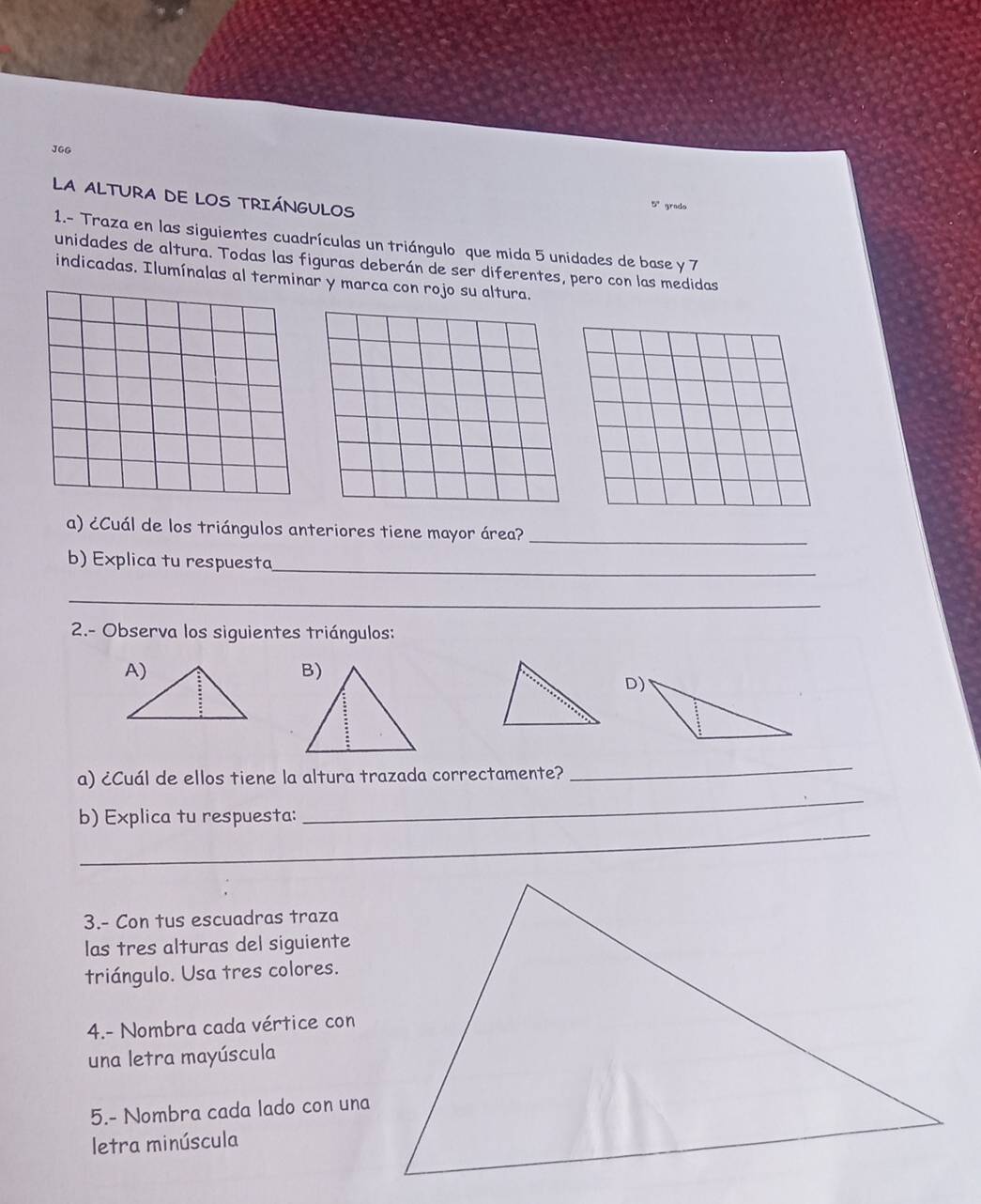 JGG 
LA ALTURA DE LOS TRIÁNGULOS 
5°grado 
1.- Traza en las siguientes cuadrículas un triángulo que mida 5 unidades de base y 7
unidades de altura. Todas las figuras deberán de ser diferentes, pero con las medidas 
indicadas. Ilumínalas al termr y marca con rojo su altura. 
a) ¿Cuál de los triángulos anteriores tiene mayor área?_ 
b) Explica tu respuesta_ 
_ 
2.- Observa los siguientes triángulos: 
a) ¿Cuál de ellos tiene la altura trazada correctamente? 
_ 
_ 
b) Explica tu respuesta: 
_ 
3.- Con tus escuadras traza 
las tres alturas del siguiente 
triángulo. Usa tres colores. 
4.- Nombra cada vértice con 
una letra mayúscula 
5.- Nombra cada lado con una 
letra minúscula