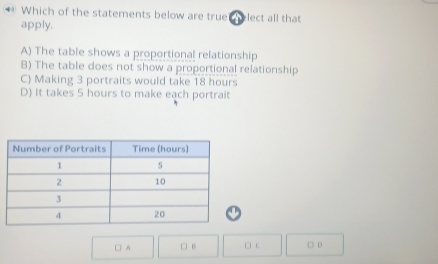 Which of the statements below are truet helect all that
apply.
A) The table shows a proportional relationship
B) The table does not show a proportional relationship
C) Making 3 portraits would take 18 hours
D) It takes 5 hours to make each portrait
□ A □ B □ c □ D