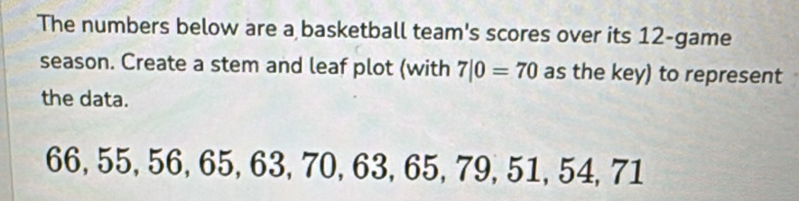 The numbers below are a basketball team's scores over its 12-game
season. Create a stem and leaf plot (with 7|0=70 as the key) to represent 
the data.
66, 55, 56, 65, 63, 70, 63, 65, 79, 51, 54, 71