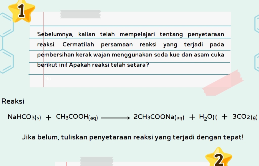 Sebelumnya, kalian telah mempelajari tentang penyetaraan 
reaksi. Cermatilah persamaan reaksi yang terjadi pada 
pembersihan kerak wajan menggunakan soda kue dan asam cuka 
berikut ini! Apakah reaksi telah setara? 
Reaksi
NaHCO_3(s)+CH_3COOH_(aq) X to 2CH_3COONa(aq)+H_2O(l)+3CO2(g)
Jika belum, tuliskan penyetaraan reaksi yang terjadi dengan tepat! 
2