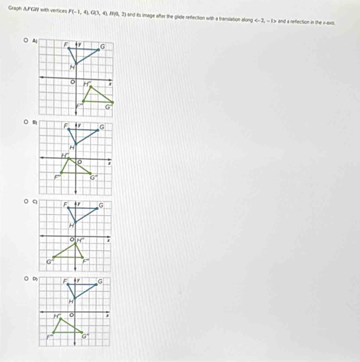 Graph △ FGH with vertices F(-1,4),G(3,4),H(0,2) and its image after the glide reflection with a translation along and a reflection in the x-axis