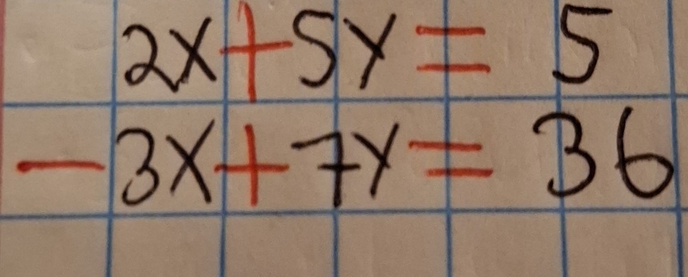 beginarrayr 2x+5y=5 -3x+7y=36endarray