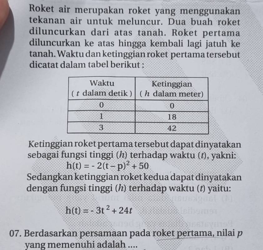 Roket air merupakan roket yang menggunakan 
tekanan air untuk meluncur. Dua buah roket 
diluncurkan dari atas tanah. Roket pertama 
diluncurkan ke atas hingga kembali lagi jatuh ke 
tanah. Waktu dan ketinggian roket pertama tersebut 
dicatat dalam tabel berikut : 
Ketinggian roket pertama tersebut dapat dinyatakan 
sebagai fungsi tinggi () terhadap waktu (t), yakni:
h(t)=-2(t-p)^2+50
Sedangkan ketinggian roket kedua dapat dinyatakan 
dengan fungsi tinggi (h) terhadap waktu (t) yaitu:
h(t)=-3t^2+24t
07. Berdasarkan persamaan pada roket pertama, nilai p
yang memenuhi adalah ....