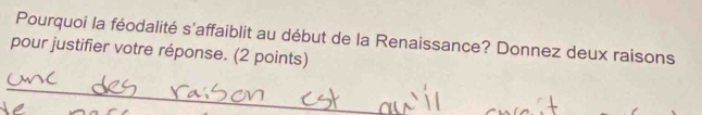 Pourquoi la féodalité s'affaiblit au début de la Renaissance? Donnez deux raisons 
pour justifier votre réponse. (2 points) 
_