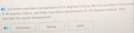 Samantha recorded a temperature of 11 degrees Calsius, Norma recorded a tempernt
of 30 degrees Cablus, and Katie reconded a temperature of -24 degrees Celsius. Who
recorded the coaliest temperature?
Samanths Nü camun Kabe