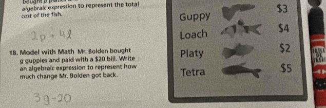 algebraic expression to represent the total
$3
cost of the fish.
Guppy
Loach
$4
18. Model with Math Mr. Bolden bought Platy
$2
g guppies and paid with a $20 bill. Write
an algebraic expression to represent how
much change Mr. Bolden got back. Tetra
$5