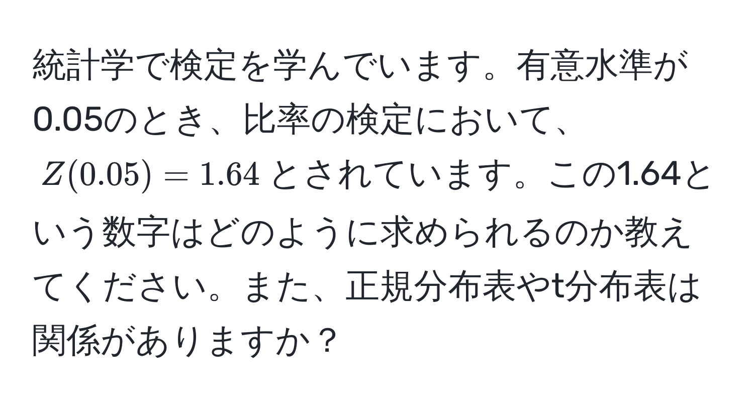 統計学で検定を学んでいます。有意水準が0.05のとき、比率の検定において、$Z(0.05) = 1.64$とされています。この1.64という数字はどのように求められるのか教えてください。また、正規分布表やt分布表は関係がありますか？