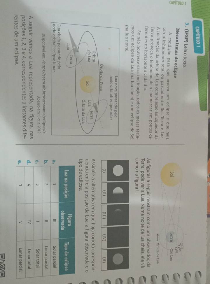 CAPÍTULO 1 
3. (IFSP) Leia o texto. 
z 
2 Mecanismos do eclipse 
Sol Terra C(4) Lun 
A condição para que ocorra um eclipse é que haja 
um alinhamento total ou parcial entre Sol, Terra e Lua. 
A inclinação da órbita da Lua com relação ao Equador da Órbita da Lua 
Terra provoca o fenômeno de a Lua nascer em pontos di- 
ferentes no horizonte a cada dia. As figuras a seguir mostram como um observador, da 
Terra, pode ver a Lua. Numa noite de lua cheia, ele vê 
Se não houvesse essa inclinação, todos os meses tería- como na figura I. 
mos um eclipse da Lua (na lua cheia) e um eclipse do Sol 
(na lua nova). 
Assinale a alternativa em que haja correta correspon- 
dência entre a posição da Lua, a figura observada e o 
tipo de eclipse. 
Disponível em:. 
Acesso em: 3 out. 2012 
A seguir vemos a Lua representada, na figura, nas 
posições 1, 2, 3 e 4, correspondentes a instantes dife- 
rentes de um eclipse. 
a