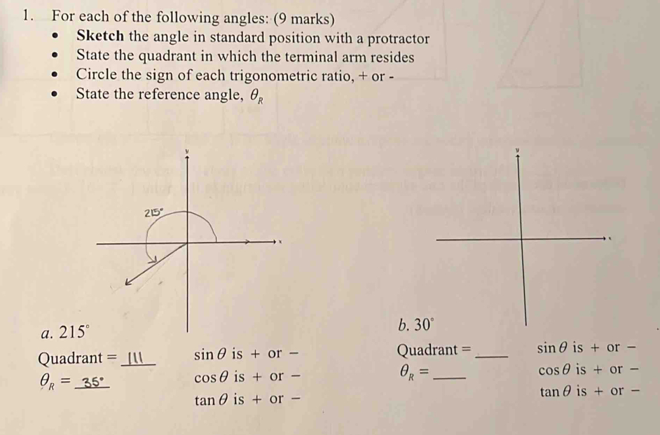 Solved: For each of the following angles: (9 marks) Sketch the angle in ...