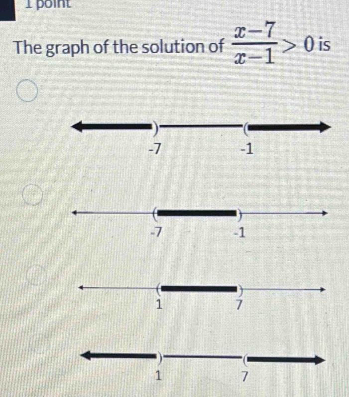 The graph of the solution of  (x-7)/x-1 >0 is