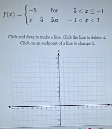 f(x)=beginarrayl -5for-5
Click and drag to make a line. Click the line to delete it. 
Click on an endpoint of a line to change it. 
I
4