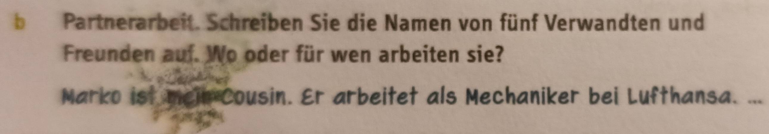 Partnerarbeit. Schreiben Sie die Namen von fünf Verwandten und 
Freunden auf. Wo oder für wen arbeiten sie? 
Marko ist mein Cousin. Er arbeitet als Mechaniker bei Lufthansa. ...