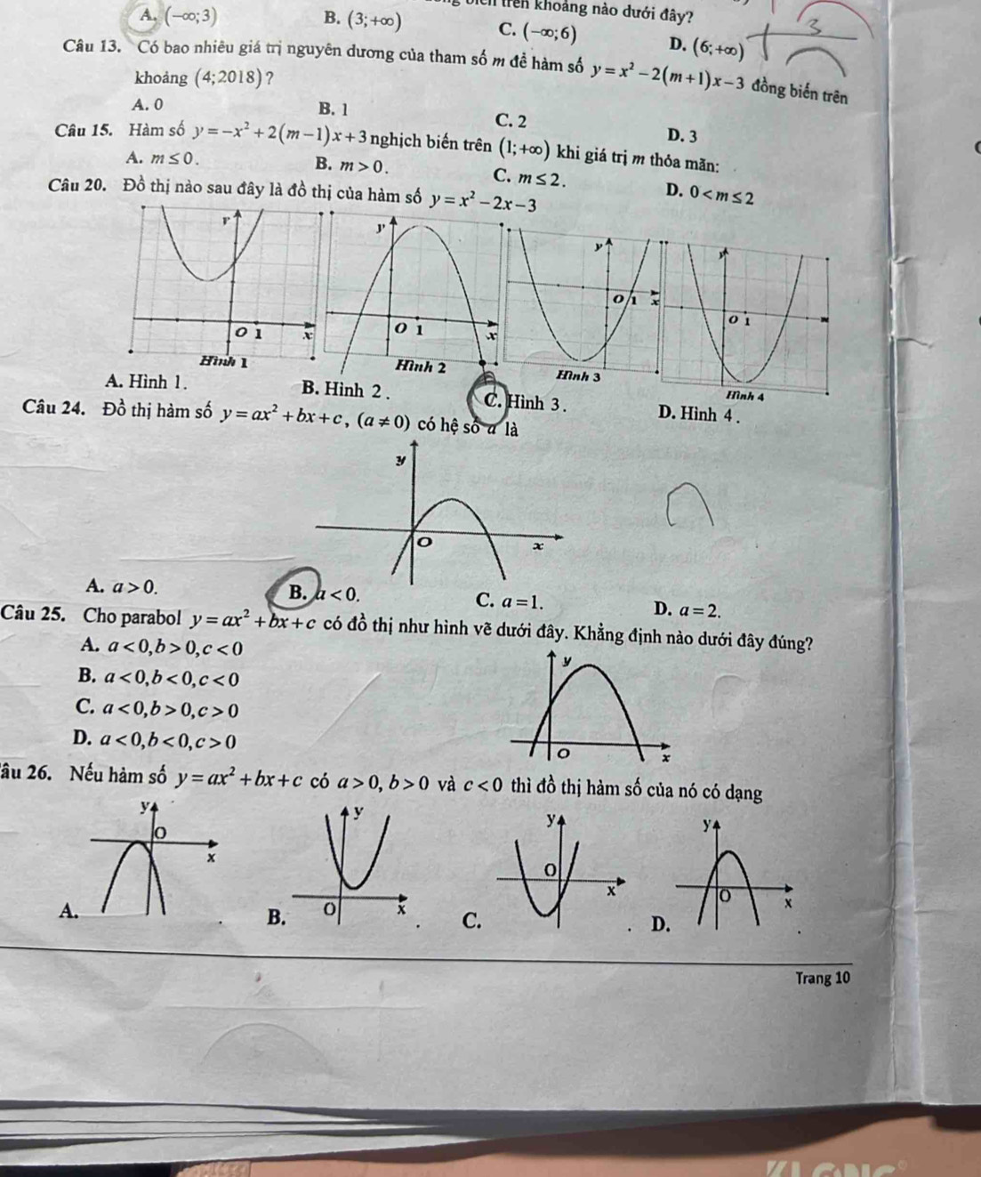 Dich trên khoảng nào dưới đây?
A. (-∈fty ;3) B. (3;+∈fty ) C. (-∈fty ;6) D. (6;+∈fty )
Câu 13. Có bao nhiêu giá trị nguyên dương của tham số m đề hàm số y=x^2-2(m+1)x-3 đồng biến trên
khoảng (4;2018) ?
A. 0 B. 1 C. 2 D. 3
Câu 15. Hàm số y=-x^2+2(m-1)x+3 nghịch biến trên (1;+∈fty ) khi giá trị m thỏa mãn:
A. m≤ 0. B. m>0.
C. m≤ 2. 
Câu 20. Đồ thị nào sau đây là đồ thị của hàm số y=x^2-2x-3 0
D.
A. Hình 1 . B. Hình 2 . C. Hình 3 . D. Hình 4 .
Câu 24. Đồ thị hàm số y=ax^2+bx+c, (a!= 0) có hệ só a là
B.
A. a>0. a<0</tex>. C. a=1. D. a=2. 
Câu 25. Cho parabol y=ax^2+bx+c có đồ thị như hình vẽ dưới đây. Khẳng định nào dưới đây đúng?
A. a<0</tex>, b>0, c<0</tex>
B. a<0</tex>, b<0</tex>, c<0</tex>
C. a<0</tex>, b>0, c>0
D. a<0</tex>, b<0</tex>, c>0
lầu 26. Nếu hàm số y=ax^2+bx+c có a>0, b>0 và c<0</tex> thì đồ thị hàm số của nó có dạng
B.
C
D.
Trang 10