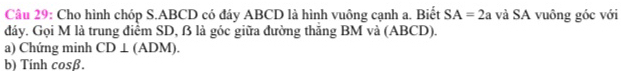 Cho hình chóp S. ABCD có đáy ABCD là hình vuông cạnh a. Biết SA=2a và SA vuông góc với 
dáy. Gọi M là trung điểm SD, ß là góc giữa đường thắng BM và (ABCD). 
a) Chứng minh CD⊥ (ADM). 
b) Tinh cosβ.