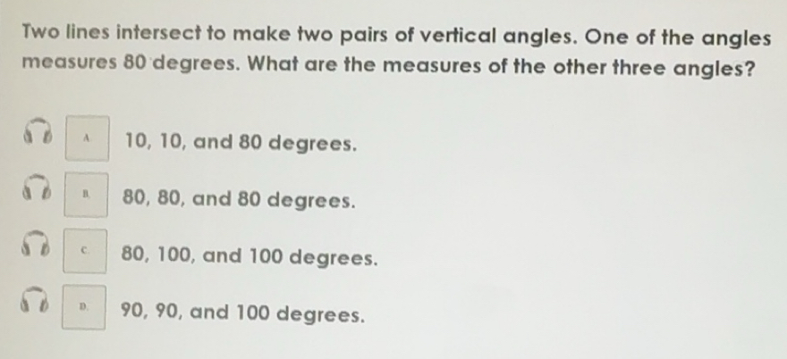 Solved: Two lines intersect to make two pairs of vertical angles. One ...