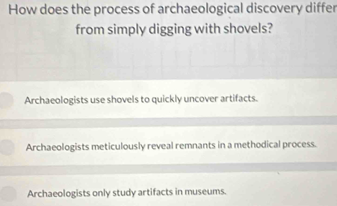 How does the process of archaeological discovery differ
from simply digging with shovels?
Archaeologists use shovels to quickly uncover artifacts.
Archaeologists meticulously reveal remnants in a methodical process.
Archaeologists only study artifacts in museums.