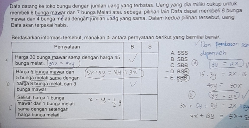 Dafa datang ke toko bunga dengan jumlah uang yang terbatas. Uang yang dia miliki cukup untuk
membeli 6 bunga mawar dan 7 bunga Melati atau sebagai pilihan lain Dafa dapat membeli 8 bunga
mawar dan 4 bunga melati dengan jumlah uang yang sama. Dalam kedua pilihan tersebut, uang
Dafa akan terpakai habis.
Berdasarkan informasi tersebut, manakah di antara pernyataan berikut yang bernilai benar.
A. SSS
B. SBS
C. SBB
D.BSB
E. BBB