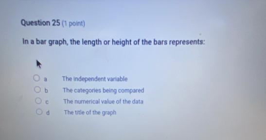 In a bar graph, the length or height of the bars represents:
a The independent variable
b The categories being compared
C The numerical value of the data
d The title of the graph