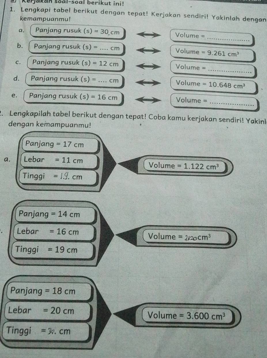 Kerjakan soal-soal berikut ini! 
1. Lengkapi tabel berikut dengan tepat! Kerjakan sendiri! Yakinlah dengan 
kemampuanmu! 
_ 
a. Panjangrusuk(s)=30,cm Volume = 
b. Panjangrusuk(s)=... _  cm Volume =9.261cm^3
_ 
C. Panjangrusuk(s)=12cm
Volume =
d. Panjangrusuk(s)= _  ... cm Volume =10.648cm^3
e. Panjangrusuk(s)=16cm
_ Volume=
2. Lengkapilah tabel berikut dengan tepat! Coba kamu kerjakan sendiri! Yakinl 
dengan kemampuanmu! 
Panjo ang =17cm
a. Leba =11cm
Volume =1.122cm^3
Tin ggi =1.9.cm
Panj ang =14cm
Lebar =16cm
Volume =2100cm^3
Tinggi =19cm
Panjang =18cm
Lebar =20cm
Volume =3.600cm^3
Tinggi =3.cm