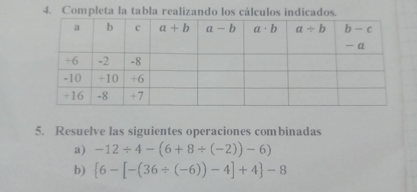 Completa la tabla realizando los cálculos indicados.
5. Resuelve las siguientes operaciones combinadas
a) -12/ 4-(6+8/ (-2))-6)
b)  6-[-(36/ (-6))-4]+4 -8