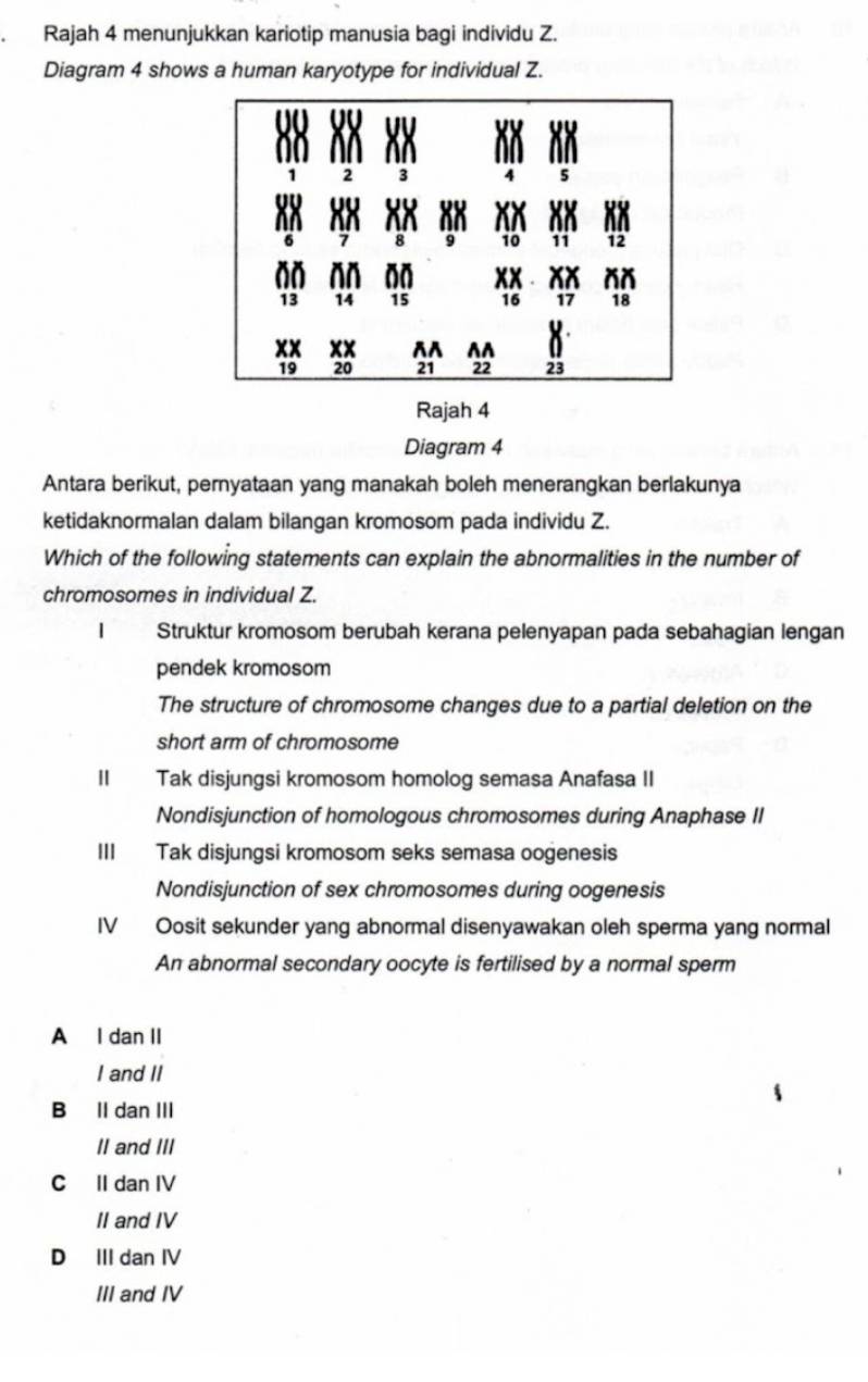 Rajah 4 menunjukkan kariotip manusia bagi individu Z.
Diagram 4 shows a human karyotype for individual Z.
Rajah 4
Diagram 4
Antara berikut, pernyataan yang manakah boleh menerangkan berlakunya
ketidaknormalan dalam bilangan kromosom pada individu Z.
Which of the following statements can explain the abnormalities in the number of
chromosomes in individual Z.
Struktur kromosom berubah kerana pelenyapan pada sebahagian lengan
pendek kromosom
The structure of chromosome changes due to a partial deletion on the
short arm of chromosome
Ⅱ Tak disjungsi kromosom homolog semasa Anafasa II
Nondisjunction of homologous chromosomes during Anaphase II
III Tak disjungsi kromosom seks semasa oogenesis
Nondisjunction of sex chromosomes during oogenesis
IV Oosit sekunder yang abnormal disenyawakan oleh sperma yang normal
An abnormal secondary oocyte is fertilised by a normal sperm
A I dan II
I and II
B II dan III
II and III
C II dan IV
II and IV
D III dan IV
III and IV