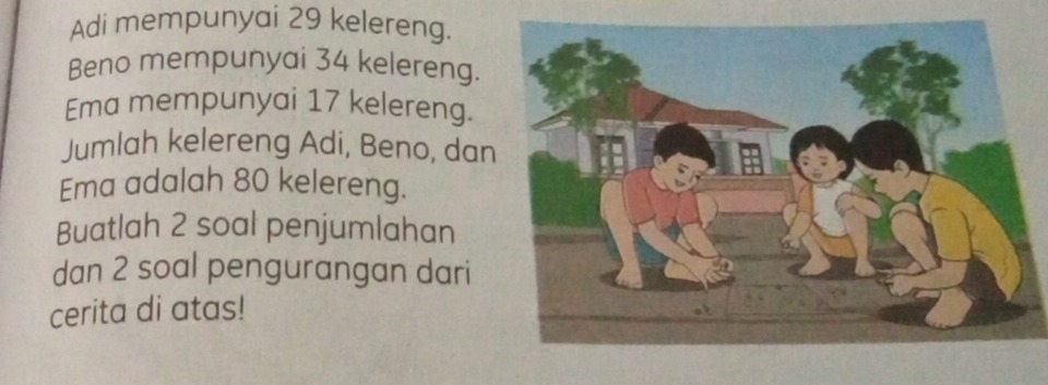 Adi mempunyai 29 kelereng. 
Beno mempunyai 34 kelereng. 
Ema mempunyai 17 kelereng. 
Jumlah kelereng Adi, Beno, dan 
Ema adalah 80 kelereng. 
Buatlah 2 soal penjumlahan 
dan 2 soal pengurangan dari 
cerita di atas!