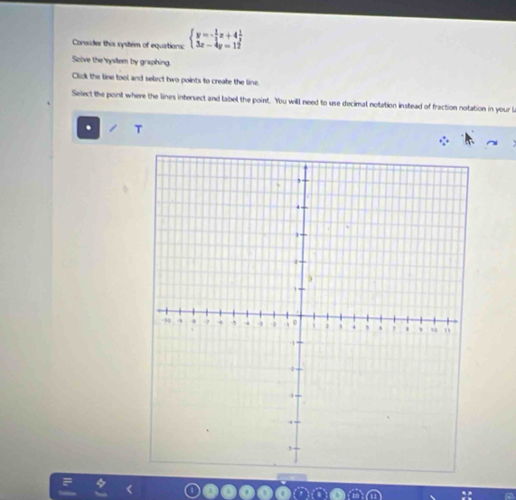 Consider this system of equations: beginarrayl y=- 1/3 x+4 1/3  3x-4y=12endarray.
Solve the system by graphing. 
Click the line tool and select two points to create the line. 
Select the point where the lines intersect and label the point. You will need to use decimal notation instead of fraction notation in your l 
T