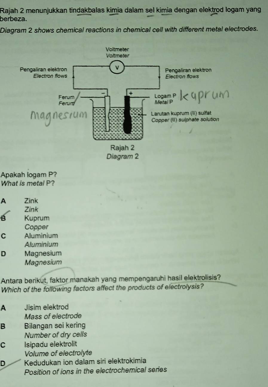 Rajah 2 menunjukkan tindakbalas kimia dalam sel kimia dengan elektrod logam yang
berbeza.
Diagram 2 shows chemical reactions in chemical cell with different metal electrodes.
Apakah logam P?
What is metal P?
A Zink
Zink
B Kuprum
Copper
C Aluminium
Aluminium
D Magnesium
Magnesium
Antara berikut, faktor manakah yang mempengaruhi hasil elektrolisis?
Which of the following factors affect the products of electrolysis?
A Jisim elektrod
Mass of electrode
B Bilangan sei kering
Number of dry cells
C Isipadu elektrolit
Volume of electrolyte
D Kedudukan ion dalam siri elektrokimia
Position of ions in the electrochemical series