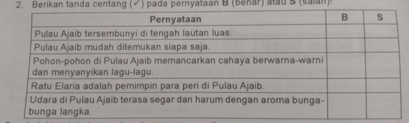 Berikan tanda centang ( ) pada pernyataan B (benar) atau S (salan):