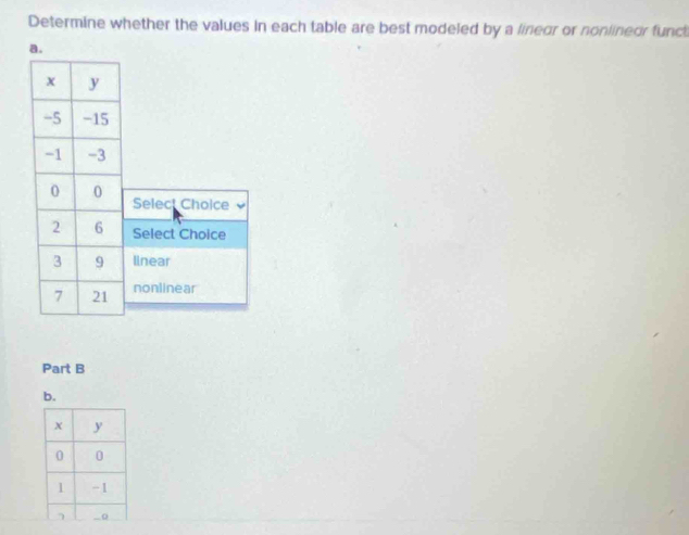 Determine whether the values in each table are best modeled by a lineor or nonlineor funct 
a. 
Part B 
b.