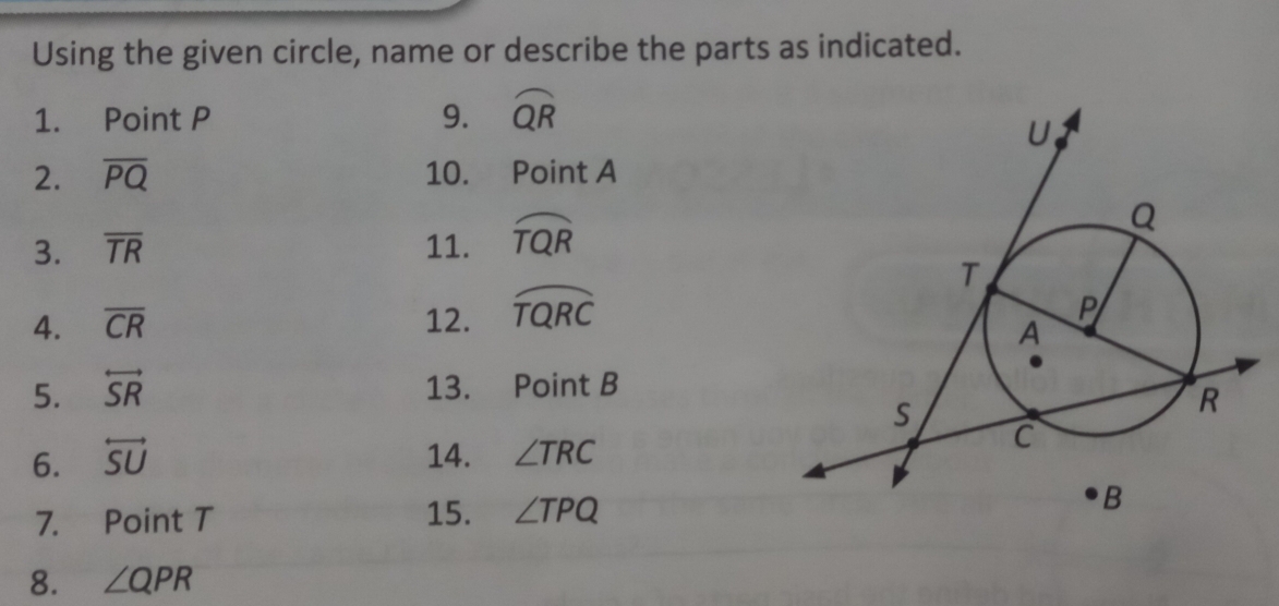 Using the given circle, name or describe the parts as indicated. 
1. Point P 9. widehat QR
2. overline PQ 10. Point A
3. overline TR 11. widehat TQR
4. overline CR 12. widehat TQRC
5. overleftrightarrow SR 13. Point B
6. overleftrightarrow SU 14. ∠ TRC
7. Point T 15. ∠ TPQ
8. ∠ QPR