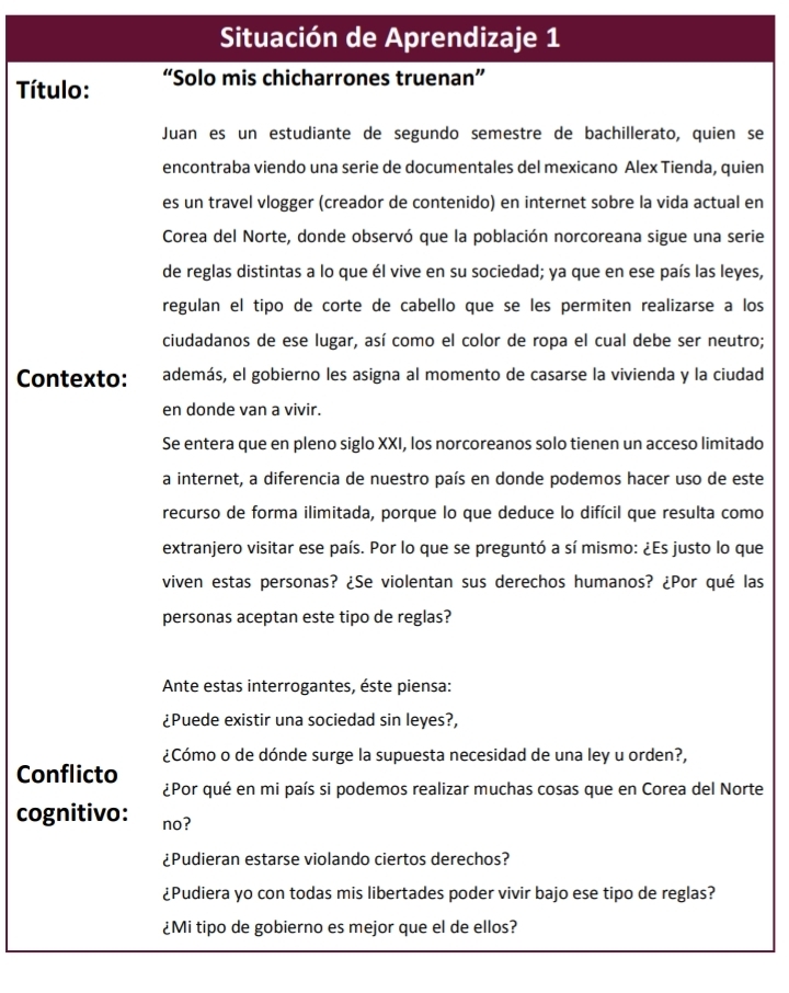 Situación de Aprendizaje 1
Título: “Solo mis chicharrones truenan”
Juan es un estudiante de segundo semestre de bachillerato, quien se
encontraba viendo una serie de documentales del mexicano Alex Tienda, quien
es un travel vlogger (creador de contenido) en internet sobre la vida actual en
Corea del Norte, donde observó que la población norcoreana sigue una serie
de reglas distintas a lo que él vive en su sociedad; ya que en ese país las leyes,
regulan el tipo de corte de cabello que se les permiten realizarse a los
ciudadanos de ese lugar, así como el color de ropa el cual debe ser neutro;
Contexto: además, el gobierno les asigna al momento de casarse la vivienda y la ciudad
en donde van a vivir.
Se entera que en pleno siglo XXI, los norcoreanos solo tienen un acceso limitado
a internet, a diferencia de nuestro país en donde podemos hacer uso de este
recurso de forma ilimitada, porque lo que deduce lo difícil que resulta como
extranjero visitar ese país. Por lo que se preguntó a sí mismo: ¿Es justo lo que
viven estas personas? ¿Se violentan sus derechos humanos? ¿Por qué las
personas aceptan este tipo de reglas?
Ante estas interrogantes, éste piensa:
¿Puede existir una sociedad sin leyes?,
¿Cómo o de dónde surge la supuesta necesidad de una ley u orden?,
Conflicto
¿Por qué en mi país si podemos realizar muchas cosas que en Corea del Norte
cognitivo: no?
¿Pudieran estarse violando ciertos derechos?
¿Pudiera yo con todas mis libertades poder vivir bajo ese tipo de reglas?
¿Mi tipo de gobierno es mejor que el de ellos?