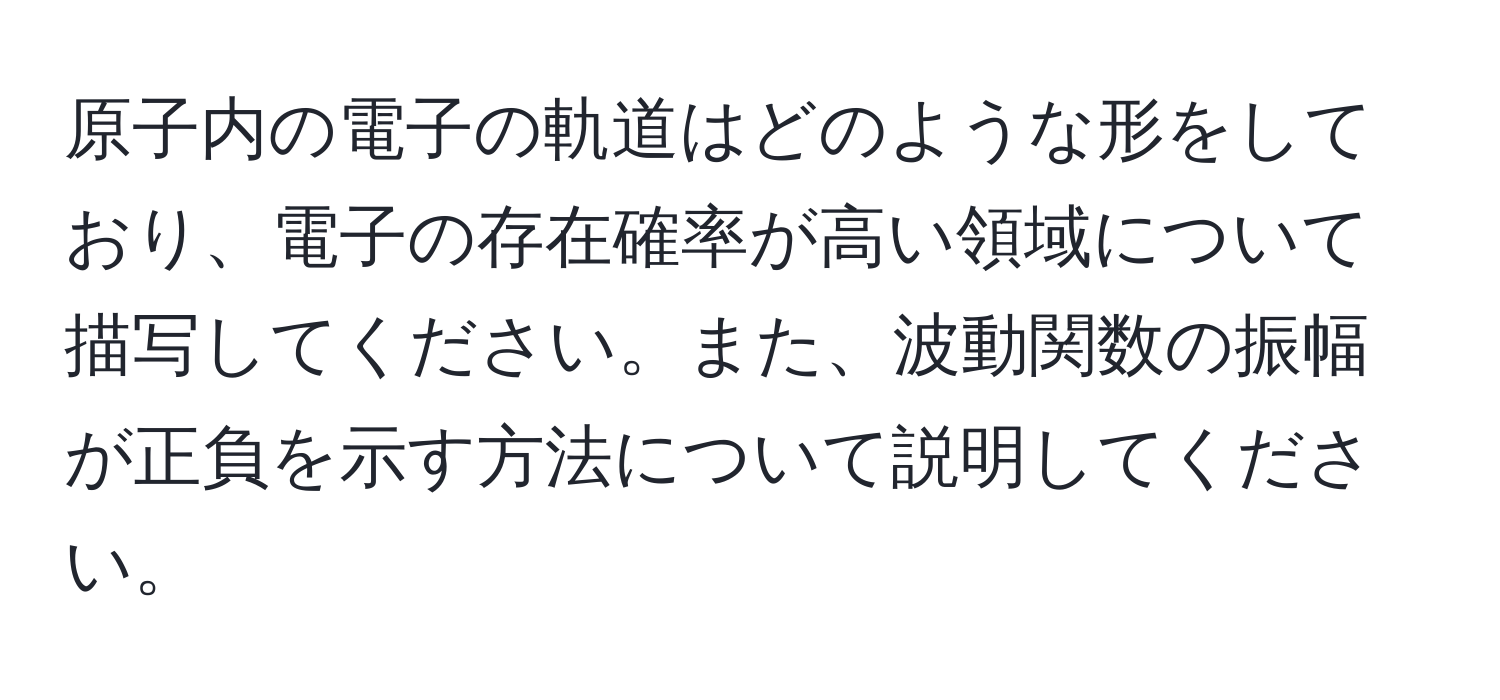 原子内の電子の軌道はどのような形をしており、電子の存在確率が高い領域について描写してください。また、波動関数の振幅が正負を示す方法について説明してください。