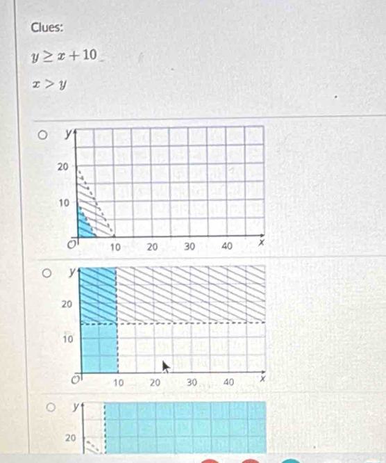 Clues:
y≥ x+10
x>y
y
20
10
10 20 30 40 ×
y
20