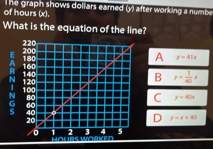 The graph shows dollars earned (y) after working a numbe
of hours (x).
What is the equation of the line?
A
y=41x
B y= 1/40 x
y=40x
y=x+40