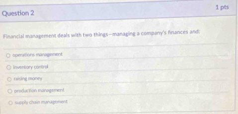 Financial management deals with two things--managing a company's finances and:
operations management
inventory control
raising money
production management
supply chain management