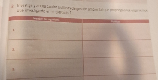 Investiga y anota cuatro políticas de gestión ambiental que propongan los organismos 
que investigaste en el ejercicio 1.