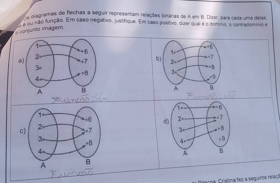 Os diagramas de flechas a seguir representam relações binárias de A em B. Dizer, para cada uma delas, 
é é não função. Em caso negativo, justifique. Em caso positivo, dizer qual é o domínio, o contradomínio e 
onjunto imagem. 
Cicçoa, Cristina fez a seguinte relaçã