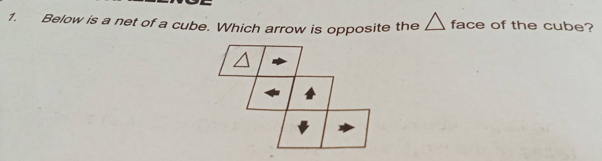 Below is a net of a cube. Which arrow is opposite the _ face of the cube?