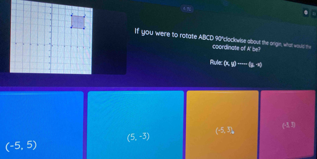 6/30
If you were to rotate ABCD 90°clockwise about the origin, what would the
coordinate of A' be?
Rule: (x,y)·s ·s (y,-x)
(-3,3)
(-5,3),
(5,-3)
(-5,5)