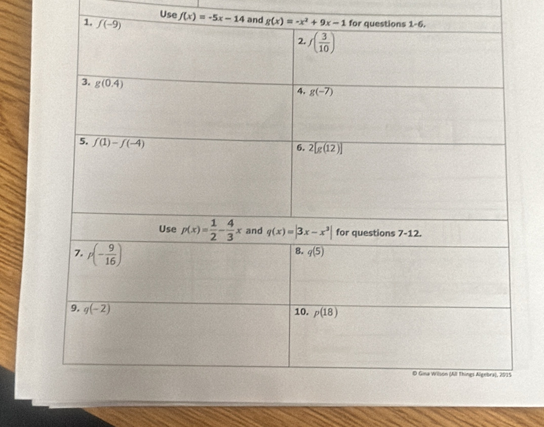 Use f(x)=-5x-14 and g(x)=-x^2+9x-1