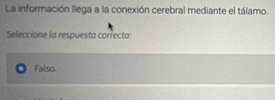 La información llega a la conexión cerebral mediante el tálamo.
Seleccione la respuesta correcta:
Falso.