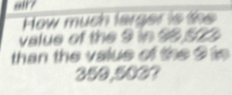 How much larger is the 
value of the 9 in 98 523
than the value of the 9 is
250,500?