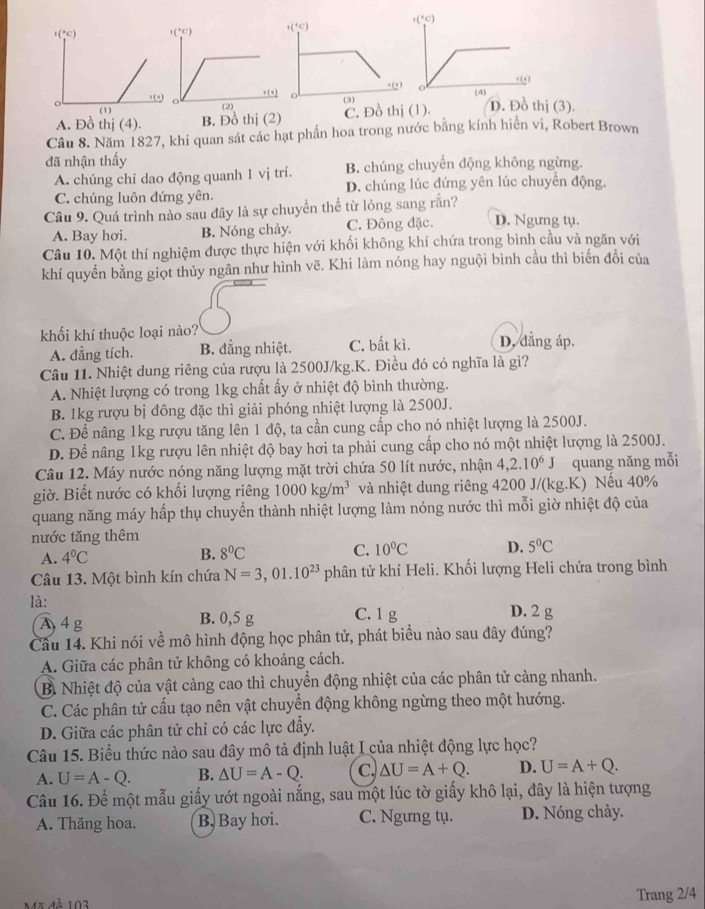 A. Đồ thị (4). B. Đồ thị (2) C. Đồ thị (1). D. Đồ thị (3).
Câu 8. Năm 1827, khi quan sát các hạt phần hoa trong nước bằng kính hiển vi, Robert Brown
đã nhận thấy
A. chúng chỉ dao động quanh 1 vị trí. B. chúng chuyển động không ngừng.
D. chúng lúc đứng yên lúc chuyển động.
C. chúng luôn đứng yên.
Câu 9. Quá trình nào sau đây là sự chuyển thể từ lỏng sang rắn?
A. Bay hơi. B. Nóng chảy. C. Đông đặc. D. Ngưng tụ.
Câu 10. Một thí nghiệm được thực hiện với khối không khí chứa trong bình cầu và ngăn với
khí quyền bằng giọt thủy ngân như hình vẽ. Khi làm nóng hay nguội bình cầu thì biến đổi của
khối khí thuộc loại nào? D. đẳng áp.
A. đẳng tích. B. đẳng nhiệt. C. bất kì.
Câu 11. Nhiệt dung riêng của rượu là 2500J/kg.K. Điều đó có nghĩa là gì?
A. Nhiệt lượng có trong 1kg chất ấy ở nhiệt độ bình thường.
B. 1kg rượu bị đông đặc thì giải phóng nhiệt lượng là 2500J.
C. Để nâng 1kg rượu tăng lên 1 độ, ta cần cung cấp cho nó nhiệt lượng là 2500J.
D. Để nâng 1kg rượu lên nhiệt độ bay hơi ta phải cung cấp cho nó một nhiệt lượng là 2500J.
Câu 12. Máy nước nóng năng lượng mặt trời chứa 50 lít nước, nhận 4,2.10^6J quang năng mỗi
giờ. Biết nước có khối lượng riêng 1000kg/m^3 và nhiệt dung riêng 4200 J/(kg.K) Nếu 40%
quang năng máy hấp thụ chuyển thành nhiệt lượng làm nóng nước thì mỗi giờ nhiệt độ của
nước tăng thêm
A. 4°C
B. 8°C C. 10°C D. 5°C
Câu 13. Một bình kín chứa N=3,01.10^(23) phân tử khí Heli. Khối lượng Heli chứa trong bình
là:
A4g B. 0,5 g C. 1 g D. 2 g
Câu 14. Khi nói về mô hình động học phân tử, phát biểu nào sau đây đúng?
A. Giữa các phân tử không có khoảng cách.
B. Nhiệt độ của vật càng cao thì chuyển động nhiệt của các phân tử càng nhanh.
C. Các phân tử cấu tạo nên vật chuyển động không ngừng theo một hướng.
D. Giữa các phân tử chỉ có các lực đẩy.
Câu 15. Biểu thức nào sau đây mô tả định luật I của nhiệt động lực học?
A. U=A-Q. B. △ U=A-Q. c, △ U=A+Q. D. U=A+Q.
Câu 16. Để một mẫu giấy ướt ngoài nắng, sau một lúc tờ giấy khô lại, đây là hiện tượng
A. Thăng hoa. B, Bay hơi. C. Ngưng tụ. D. Nóng chảy.
Mã đà 103 Trang 2/4